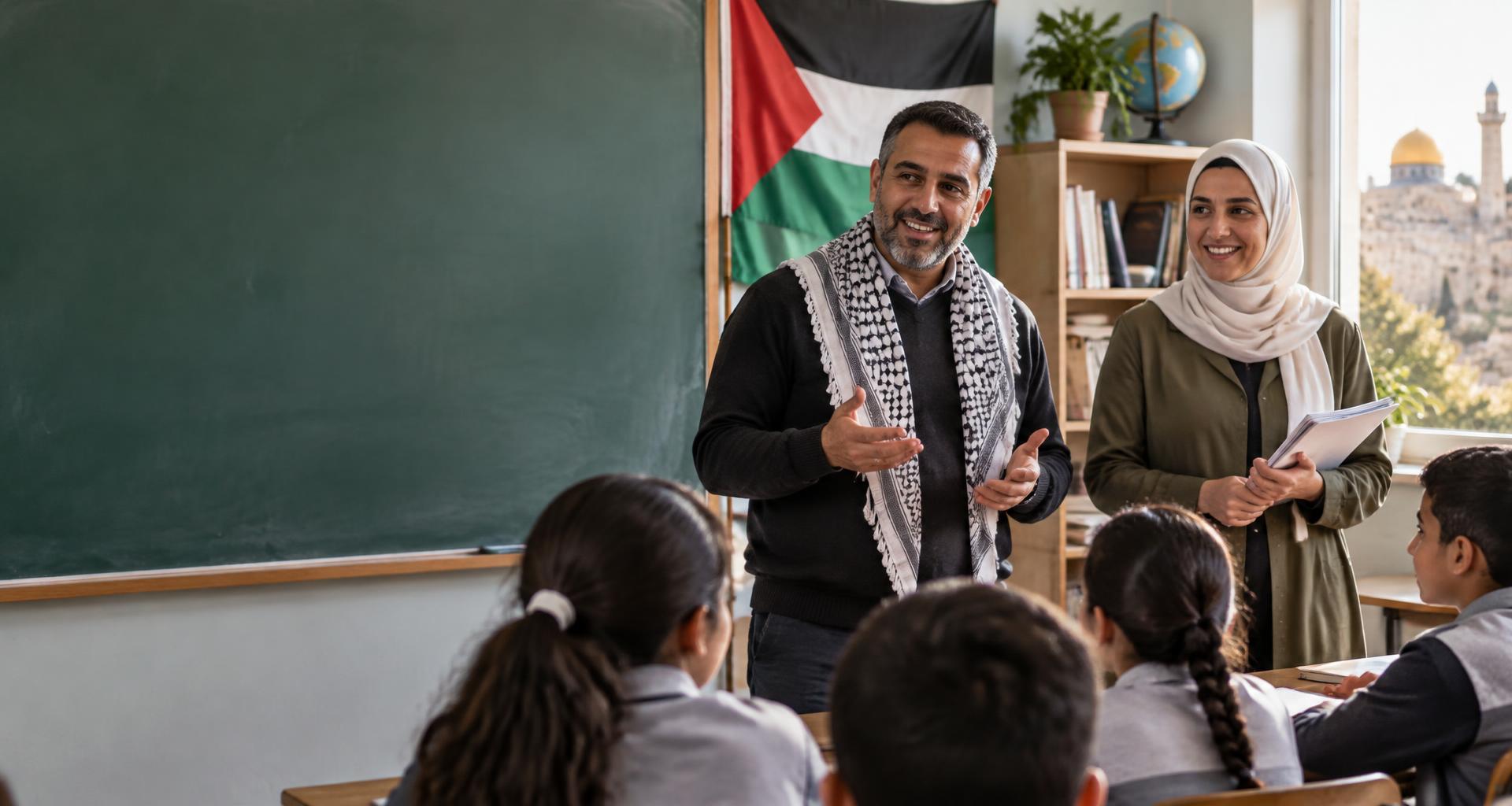 معلم ومعلمة في صف فلسطيني مع الطلاب وعلم فلسطين